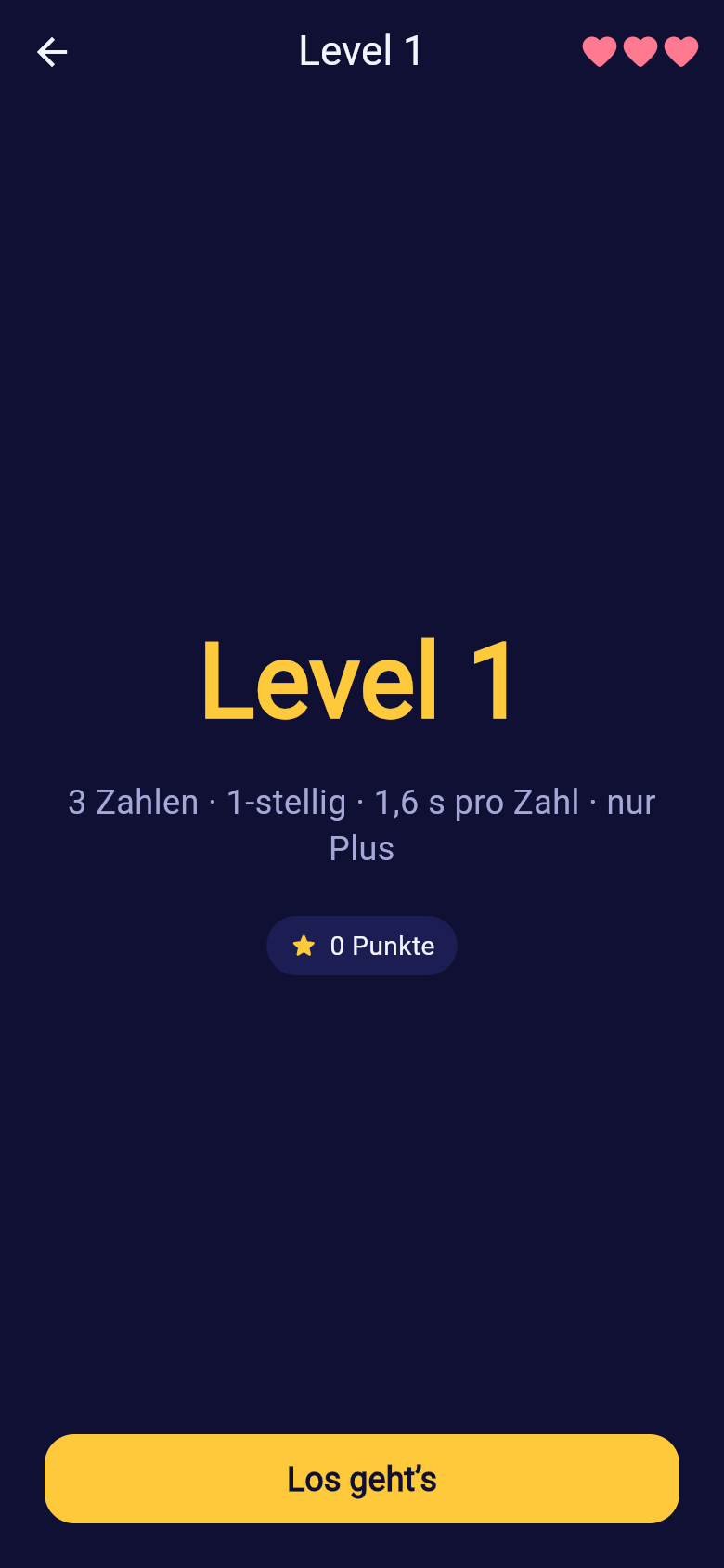 Wettbewerb, Level 1 mit drei Herzen als Leben