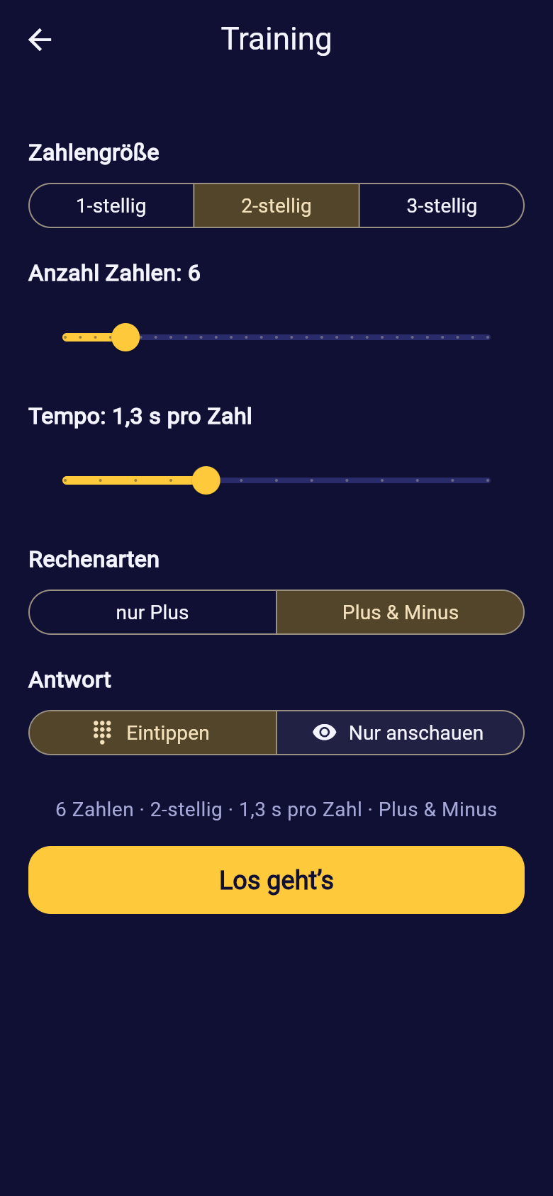 Training-Einstellungen: Zahlengröße, Anzahl, Tempo, Rechenarten und Antwortart